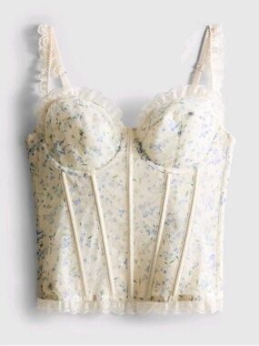 Bridgerton 36C Non Padded Frill Floral Corset Top Bra White Blue Flowers New